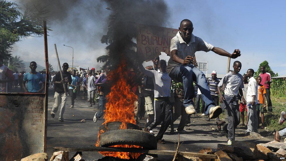 Burundians protest in the capital Bujumbura against plans by President Pierre Nkurunziza to stand for a third term.