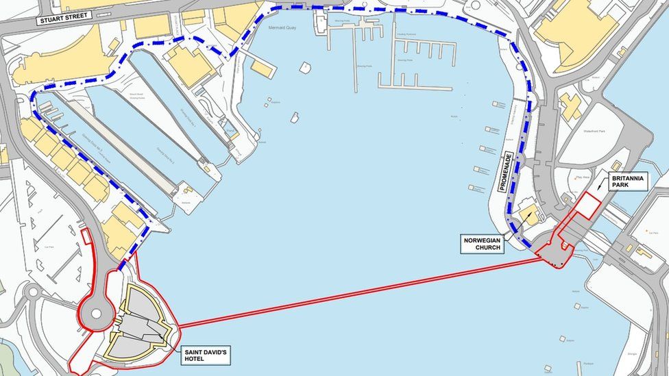 Route of proposed Cardiff Bay zip-wire attraction
