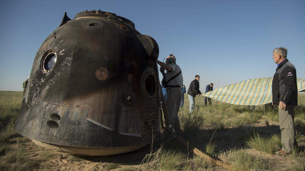 The blackened Soyuz capsule. 3 June 2018