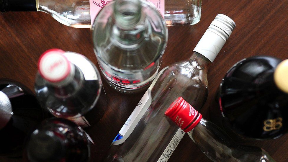 Alcohol bottles viewed from above