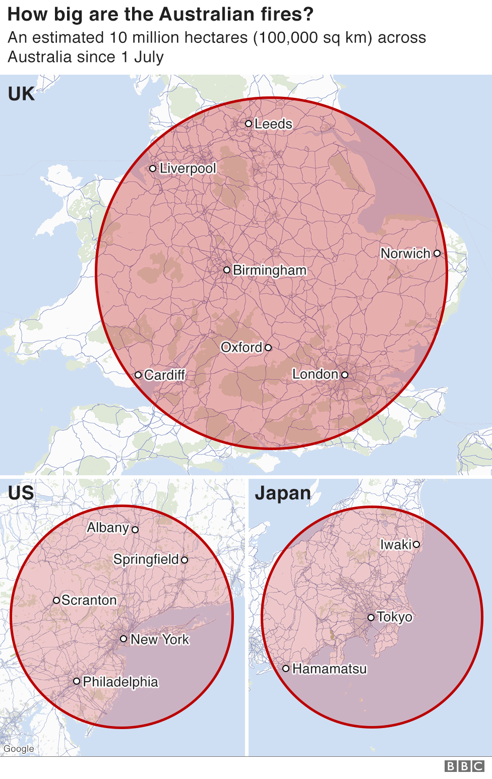 Infographic showing how big the fires are compared to the geography of the UK, the US and Japan