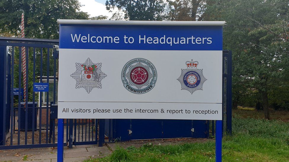 A Northamptonshire Police sign at the entrance to police headquarters
