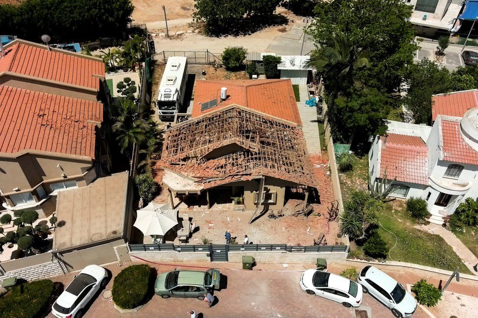 A drone picture shows the house of the El-Gazar family which was damaged after a rocket was fired from Gaza towards Israel, in Sderot, southern Israel May 15, 2021