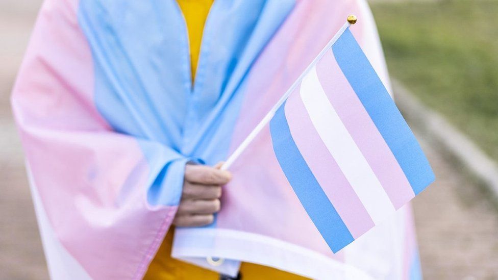 A young person wrapped in a pink, white and blue transgender pride flag
