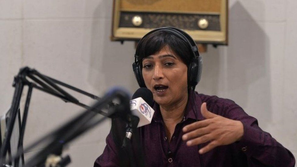Nadeem Kashish takes part in a campaign event on her radio programme in Islamabad, 5 July 2018