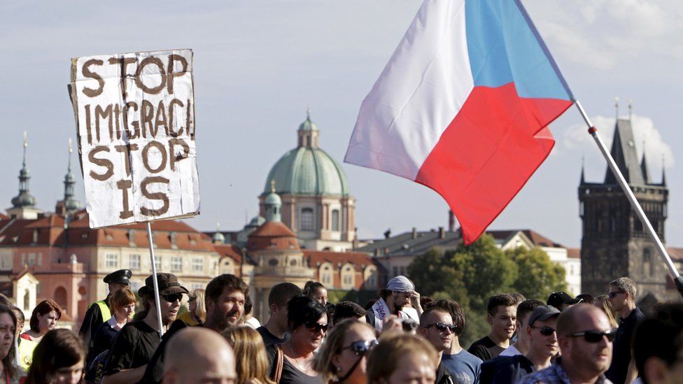 Demonstrators marching during an anti-immigrants rally in Prague, Czech Republic, September 12, 2015.