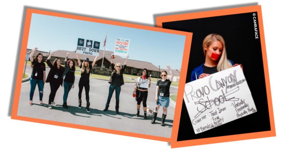 Collage image showing Paris Hilton alongside other protesters outside Provo Canyon and holding a sign in image with red tape over her mouth