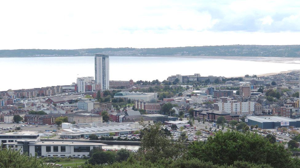 Landscape of Swansea, showing Meridian Quay tower overlooking the city