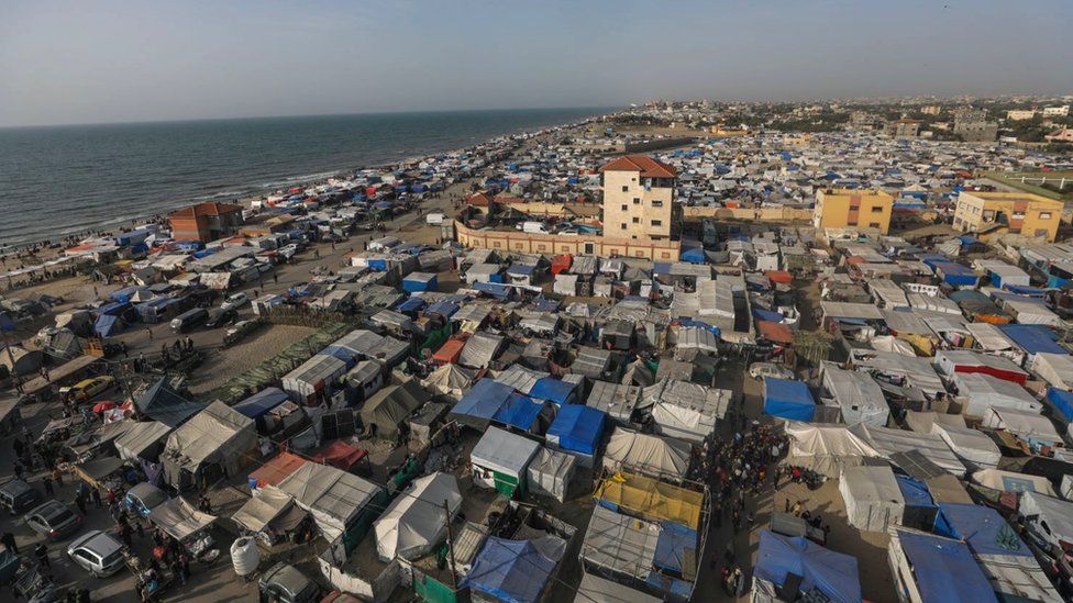 Aerial view of camp in Deir Al Balah, to where Palestinians from Rafah and the northern Gaza Strip have fled