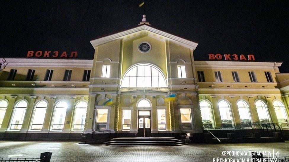 Kherson railway station with the lights on
