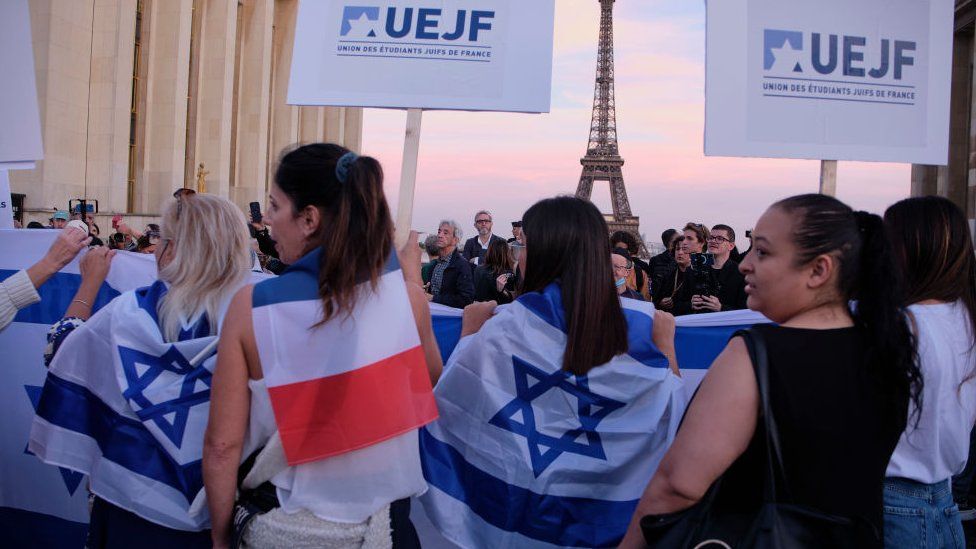 Students from the Union of French Jewish students,UEJF, gather to show their support for the state of Israel on 9 October 2023 in Paris, France