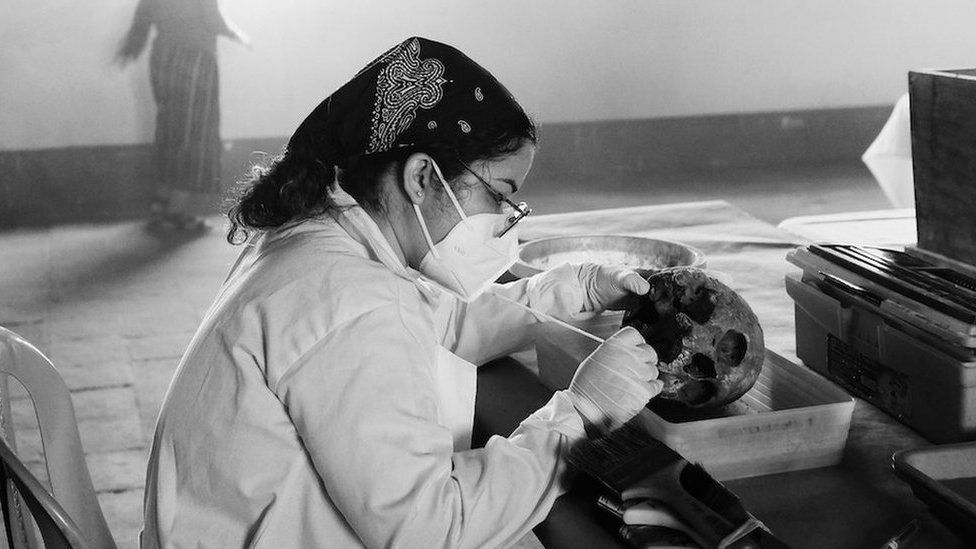 Forensic anthropologist Gabriela Meléndez carries out forensic analysis in Chajul, Quiche, Guatemala. February 11, 2021