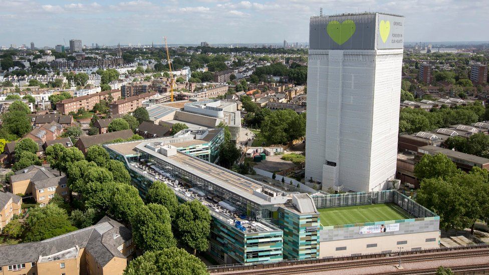 Grenfell tower covered in plastic sheeting after the disaster