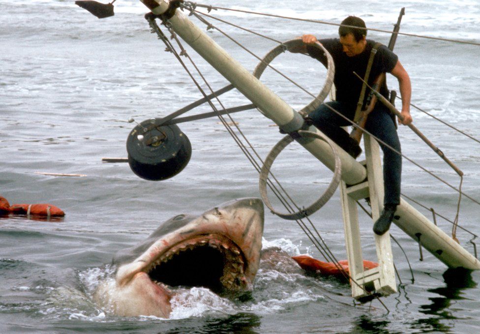 US actor Roy Scheider on the set of Jaws, directed by Steven Spielberg
