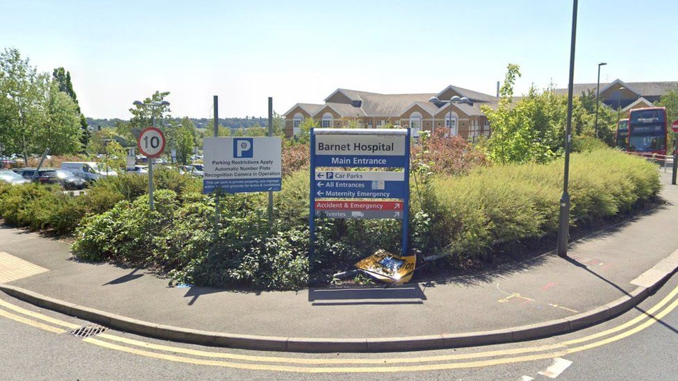 Google StreetView image of Barnet Hospital entrance including parking signage.