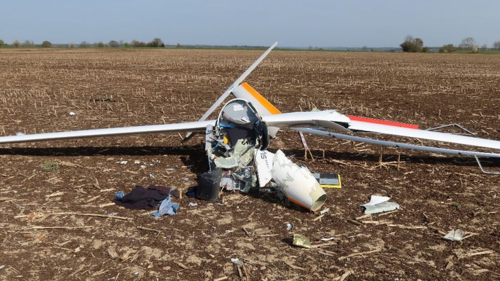 The wreckage of a motor glider after a crash.