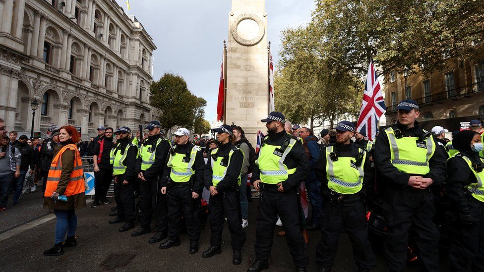 Police officers guard The Cenotaph on the day of a protest in solidarity with Palestinians in Gaza, amid the ongoing conflict between Israel and the Palestinian Islamist group Hamas, in London, Britain, October 28, 2023