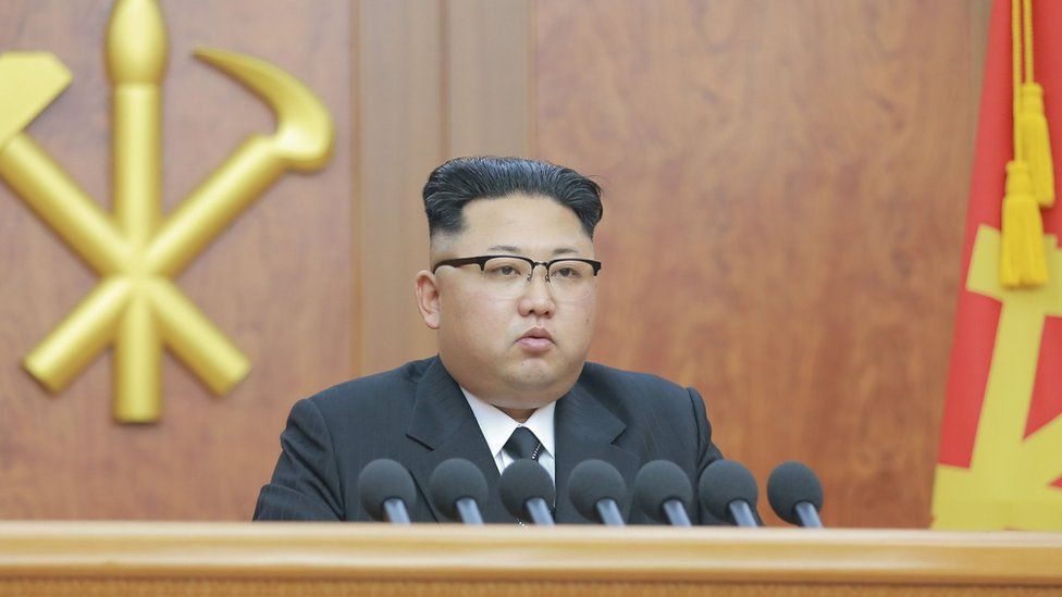 North Korean leader Kim Jong-un gives a New Year address for 2017 in this undated picture provided by KCNA in Pyongyang on 1 January 2017.