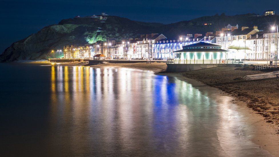 Aberystwyth prom lit at night