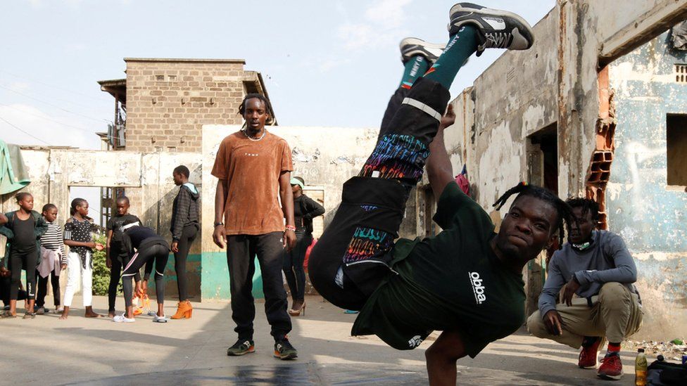 Kenyan breakdancer Drady Amani shows a move during a training session at the Makongeni Social Hall in Nairobi, Kenya, August 10, 2023.