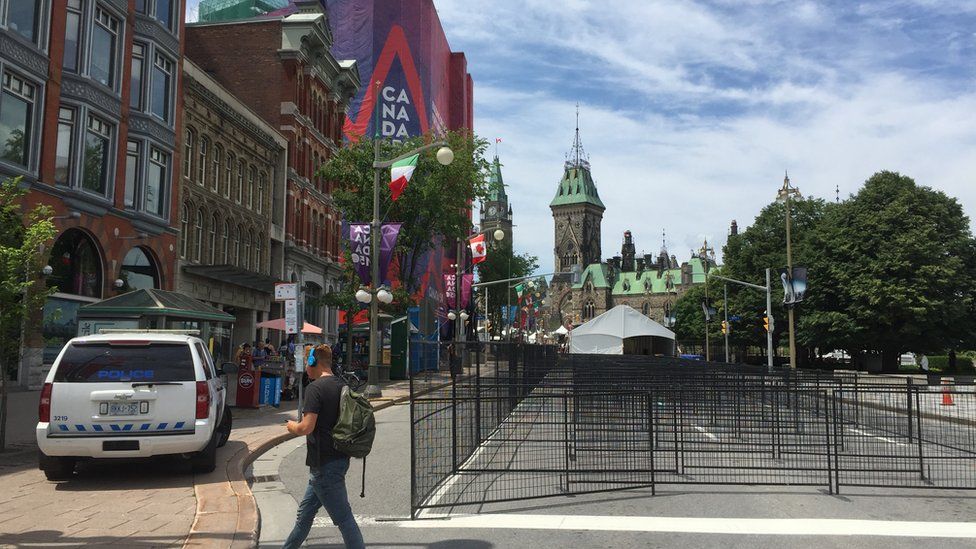 Barriers are set up near Parliament Hill in Ottawa on June 28, 2017, as Canadian prepare to celebrate the 150th anniversary of confederation.