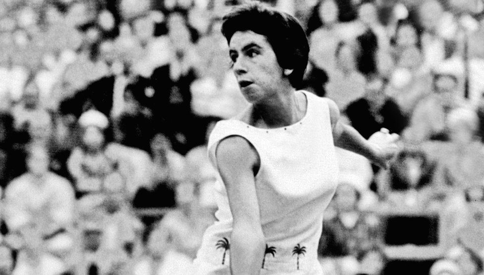 Brazilian tennis player Maria Bueno in action during a championship match