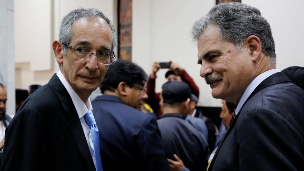 Former Guatemalan President Alvaro Colom (R) and his Former Finance Minister and Chairman of Oxfam International Juan Alberto Fuentes