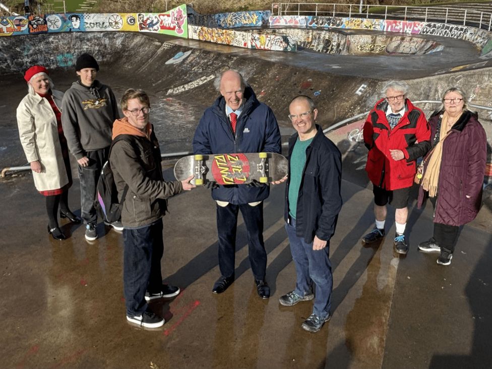 Lesley Kiernan from West Lothian Council, Livingston skaters Ryan Mackinnon and Jack Drysdale, Council Leader Lawrence Fitzpatrick, Dara Parsons from Historic Environment Scotland, and Livingston skating community legends, Kenny and Eleanor Omond