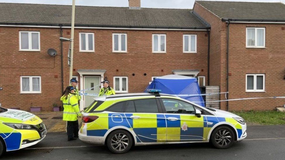 Two police cars parked outside of a series of terraced new build houses