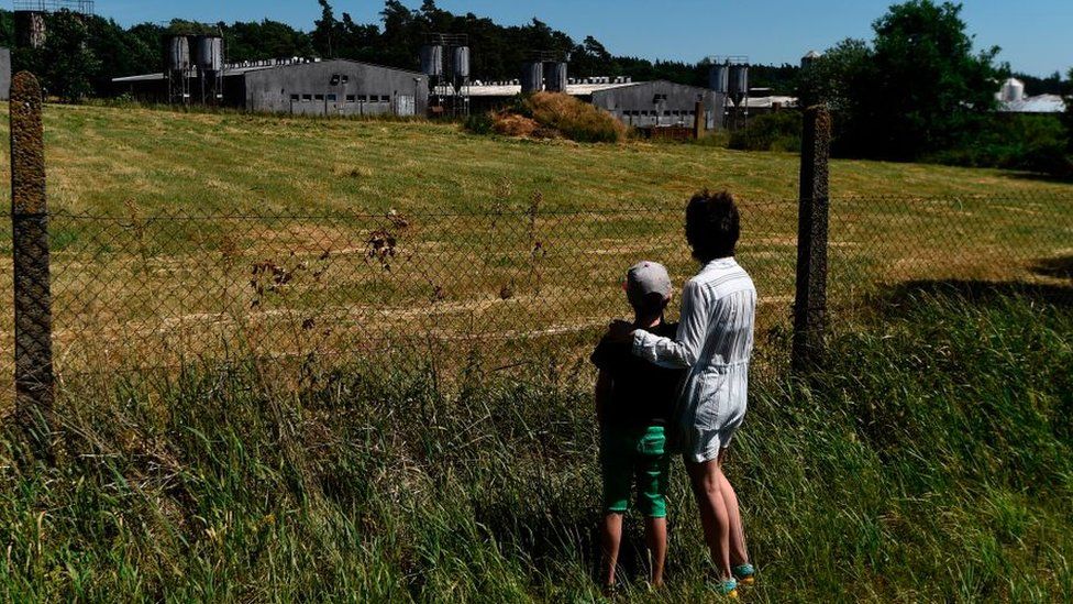 Женщина и ребенок стоят у забора промышленной свинофермы, расположенной на месте бывшего концентрационного лагеря в Летах, Чешская Республика, 24 июня 2017 года, во время памятного мероприятия «Достоинство для Леты», организованного организацией Европейское массовое антирасистское движение (EGAM)