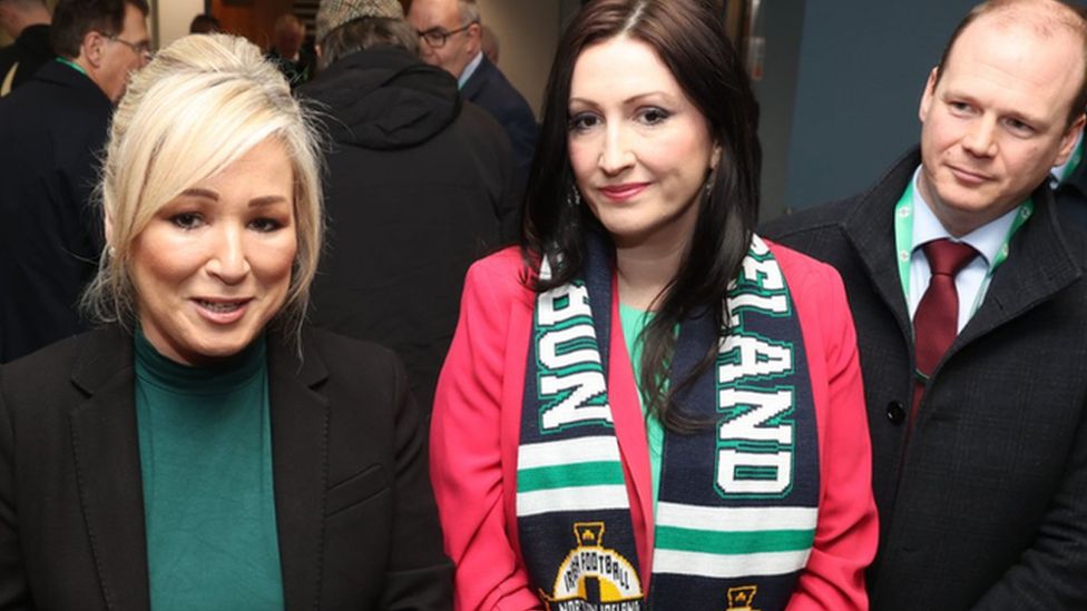 Michelle O'Neill was accompanied by Emma Little-Pengelly, and communities minister Gordon Lyons