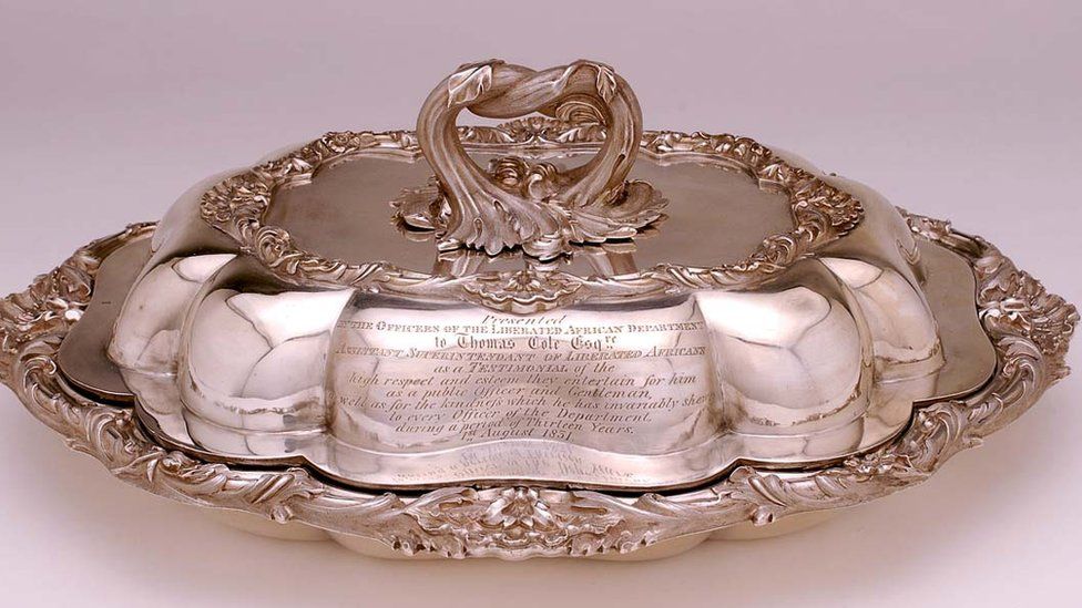 Silver entrée dish presented to Thomas Cole. Object lent by Charles Stuart Dudley Cole