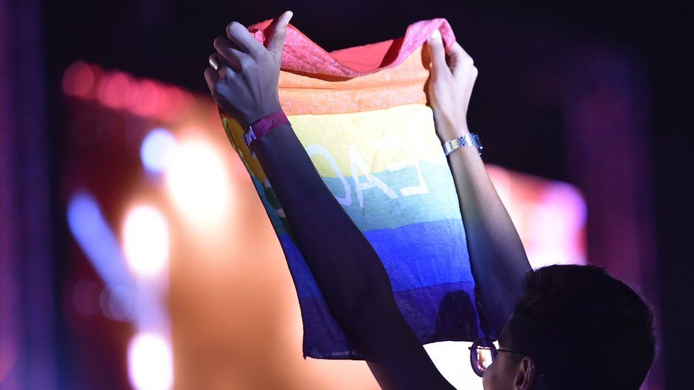 A woman hold a rainbow pride flag at a music festival on 24 August 2018