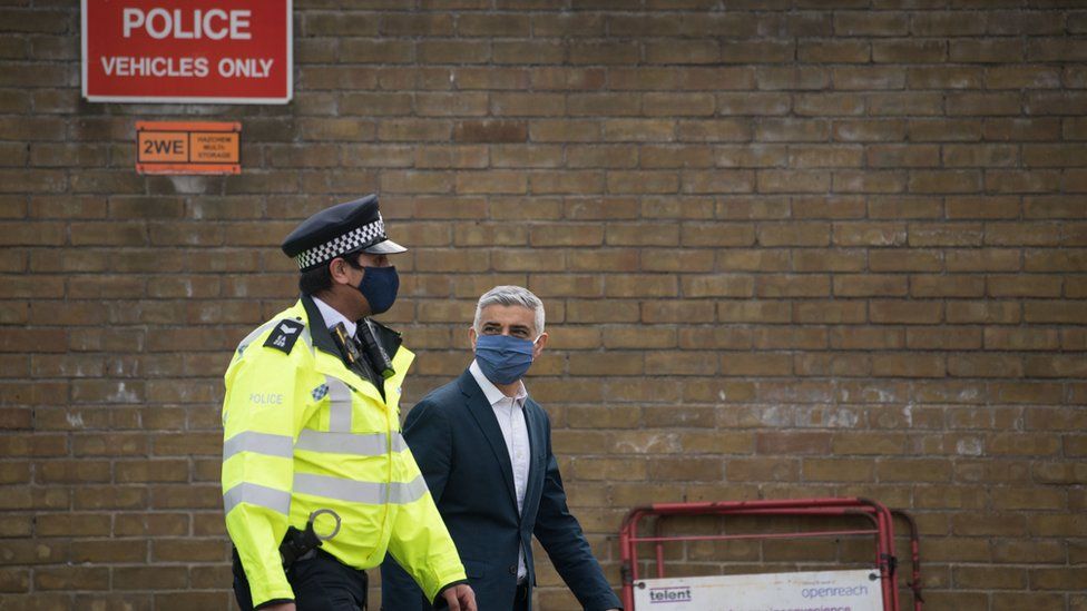 Labour's Mayor of London Sadiq Khan on a walkabout with Metropolitan Police officers