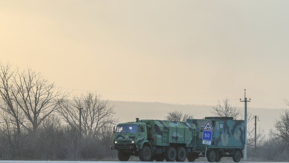 A Russian military vehicle heading towards Donbas
