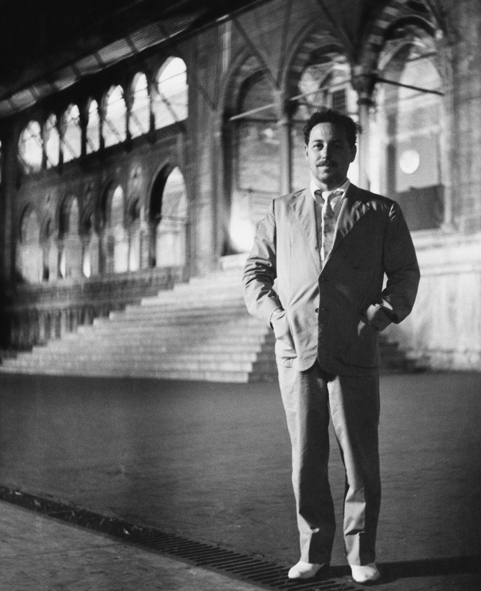 American playwright Tennessee Williams outside the New Mosque, Istanbul, Turkey c1955