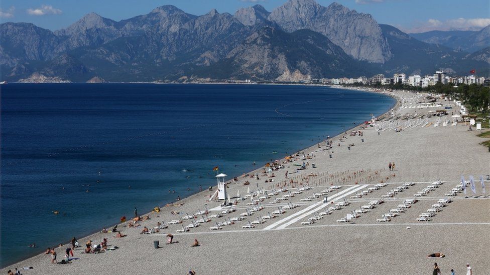 A general view of Konyaalti beach, amid the COVID-19 outbreak, in the southern resort city of Antalya, Turkey June 19, 2020