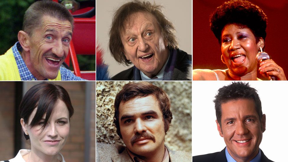 Clockwise from top left: Barry Chuckle, Ken Dodd, Aretha Franklin, Dale Winton, Burt Reynolds and Dolores O'Riordan