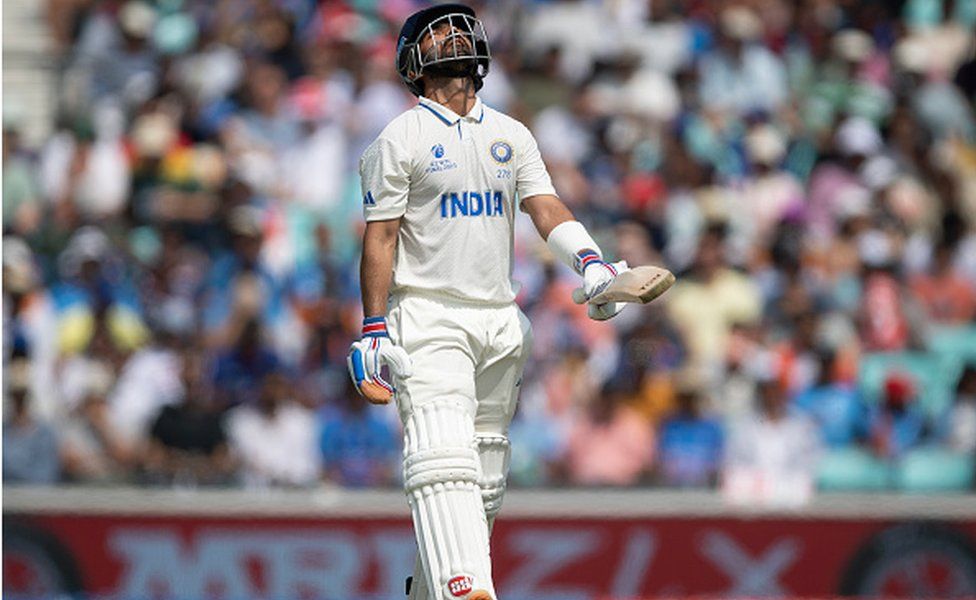 Ajinkya Rahane of India leaves the field after being dismissed during day five of the ICC World Test Championship Final between Australia and India at The Oval on June 11, 2023 in London, England. (