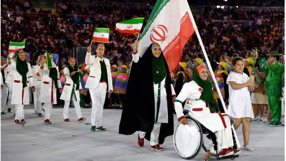 Team Iran arrives during the opening ceremony for the 2016 Summer Olympics in Rio de Janeiro, Brazil, Friday, Aug. 5, 2016
