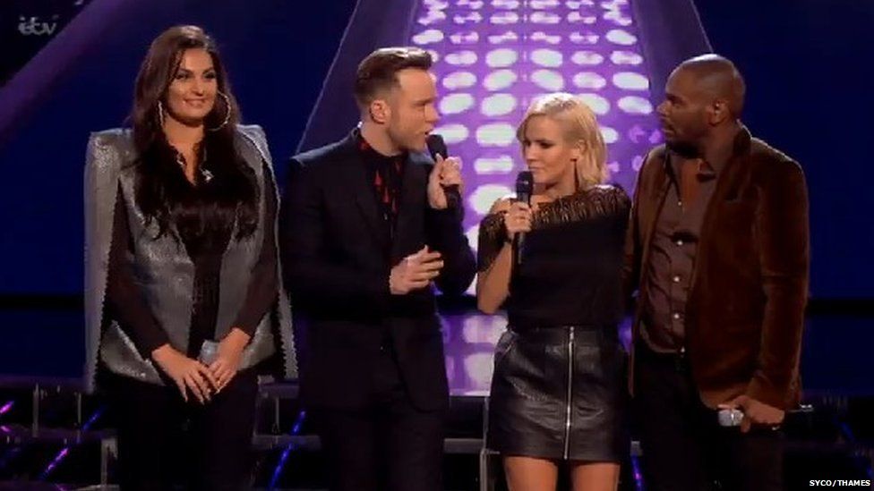 (from left to right) Monica Michael, Olly Murs, Caroline Flack and Anton Stephens