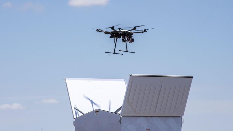 A drone interceptor emerging from its hangar
