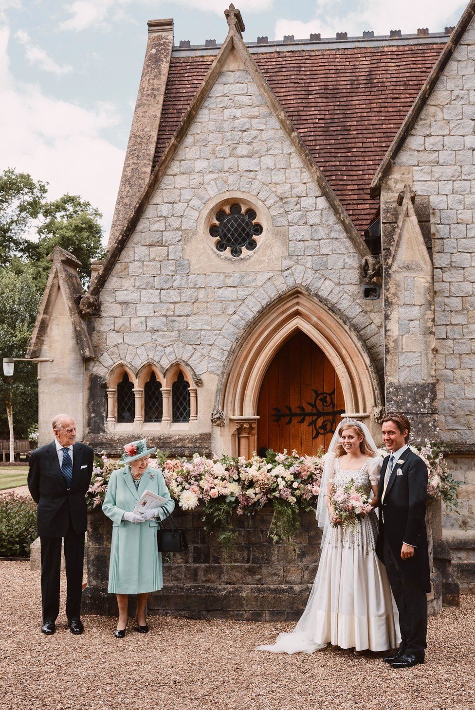 (Left to right) The Duke of Edinburgh, the Queen, Princess Beatrice and Edoardo Mapelli Mozzi outside the Royal Chapel of All Saints