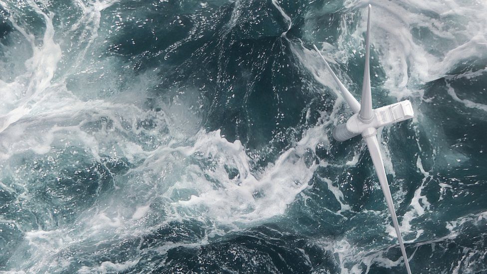 Aerial image of offshore wind turbine