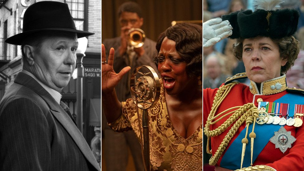 Left-right: Gary Oldman in Mank, Chadwick Boseman and Viola Davis in Ma Rainey's Black Bottom, and Olivia Colman in The Crown