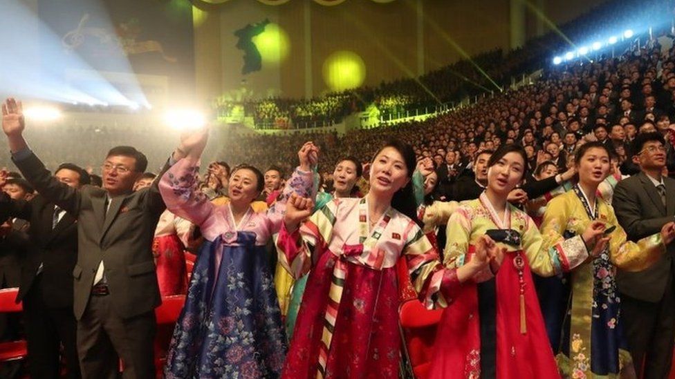 North Korean people watch a performance of the South Korean and North Korean art troupe during a performance of a joint inter-Korean concert at the 12,000-seat Ryugyong Jong Ju Yong Gymnasium in Pyongyang, North Korea, 03 April 2018.