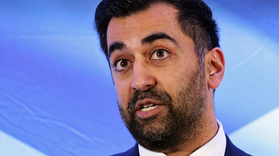 The new leader of the Scottish National Party and former Health Secretary Humza Yousaf speaks after he is announced at Murrayfield Stadium in Edinburgh, Scotland, on 27 March 2023
