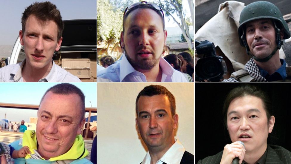 Clockwise from top left: Abdul-Rahman Kassig, Steven Sotloff, James Foley, Kenji Goto, David Haines, Alan Henning