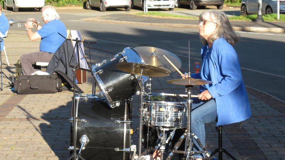 Brecon Town Concert Band rehearsing outside