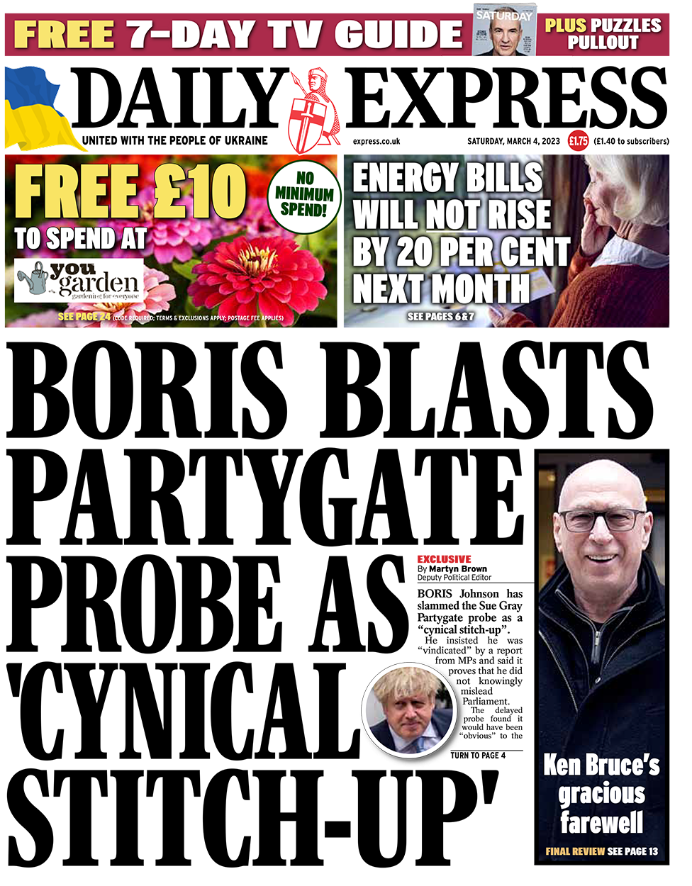 The headline in the Daily Express reads: Boris blasts Partygate probe as 'cynical stitch-up'